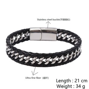 <span class=keywords><strong>Bracciale</strong></span> da Uomo in Pelle Intrecciata Multistrato con Catena Nera di Lusso in Acciaio Inossidabile - Product Image 6