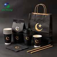Gobelets en papier recyclables à double paroi noir mat personnalisés, impression dorée en forme de croissant de lune et d'étoile, gobelets à café jetables pour le vin, la tequila
