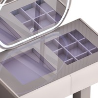 Table de maquillage moderne en bois écologique avec miroir LED, plateau en verre et plusieurs boîtes de rangement pour la chambre à coucher