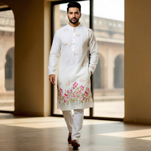 Kurta de Algodón para Hombre, Diseño Floral Bordado, Corte Regular, Largo hasta el Tobillo, Ropa Tradicional India y Pakistaní para Bodas - Product Image 1