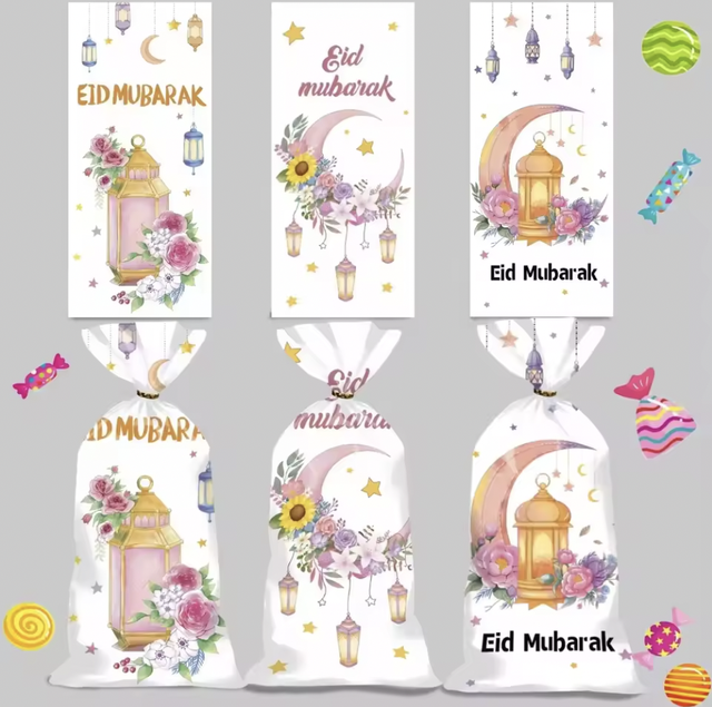 50pcs Muslim Eid Mubarak Gift Bags Ramadan Theme Bags Candy Goodie Bags Castle Moon Star Bags for Party Decorations Favors