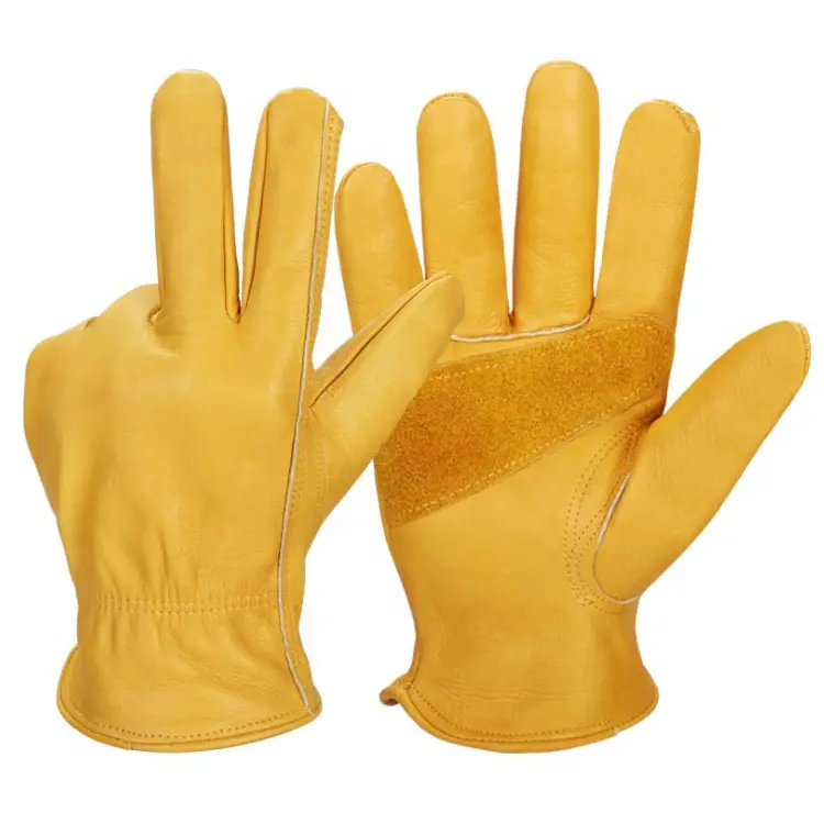 Puncture and Cut Resistant Men's Cowhide Leather Work Gloves with Adjustable Wrist and Reinforced Leather Palm Patch