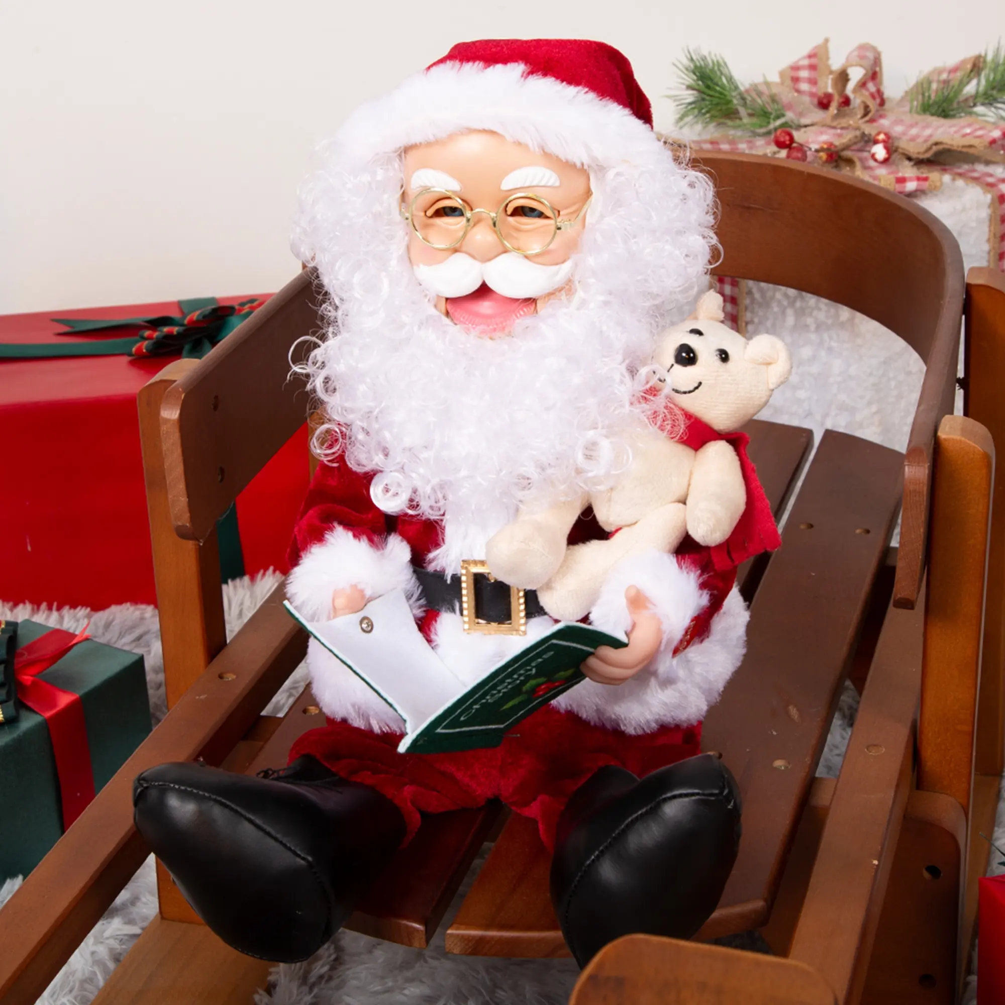 주문 빨간 크리스마스 훈장 공급 전기 말하는 견면 벨벳 장난감 산타클로스 인형