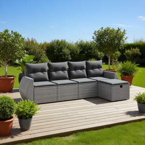Set Divano da Giardino Modulare in Polyrattan Grigio, Arredamento da Esterno Moderno con Pouf Contenitore Incluso - Product Image 2