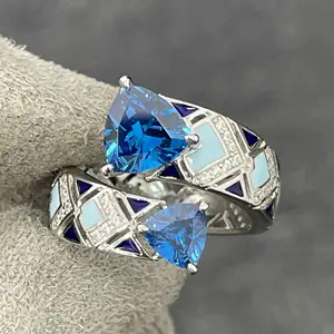 925 실버 골드 도금 블루 파인 링 하이 카본 다이아몬드 블루 에나멜 시리즈 상감 보석 세트 파티 참여