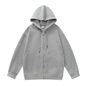 Sweat-shirt à capuche gris avec fermeture éclair, 100% coton, décontracté, couleur unie, coupe ample, respirant, 320g, tricoté, pour homme - Product Image 5