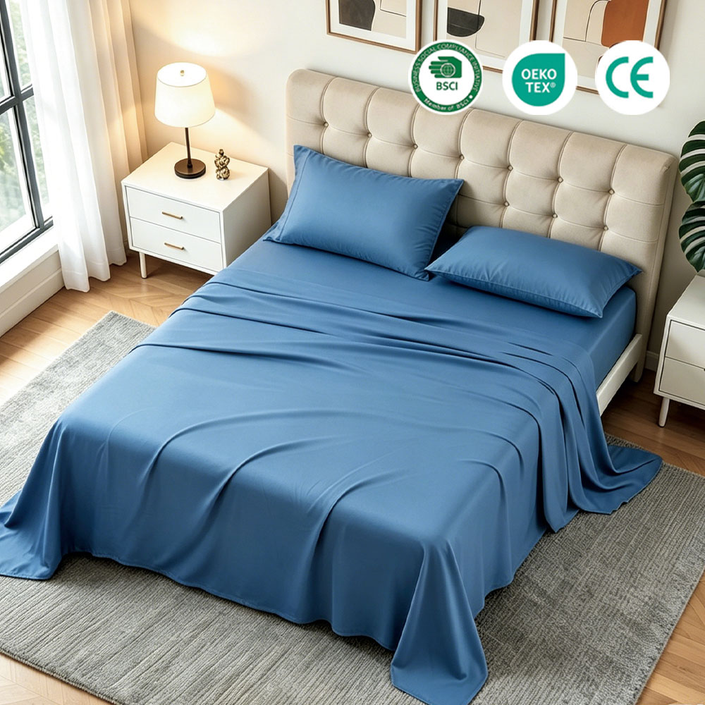 Skin-friendly Serene Blue Bamboo Cellulose Sheets Hypoallergenic Silky Smooth Bedding Set OEM ODM Manufacturer Support