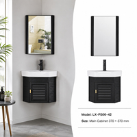 Mini meuble-lavabo mural d'angle noir pour petite salle de bain étroite, lavabo triangulaire en céramique avec miroir rectangulaire