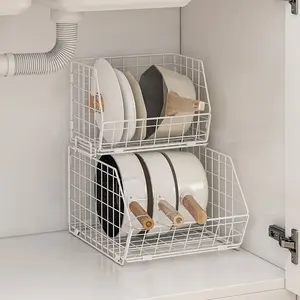 Detachable Kitchen home foldable stackable cabinet metal wire lid pan pot Organizer Rack storage basket holder under the sink