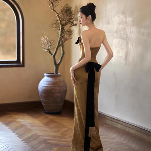 Women's Strapless Retro Toasting Dress Natural Waist Embroidered Vintage Coming Of Age Ceremony Wedding Dress - Product Image 5