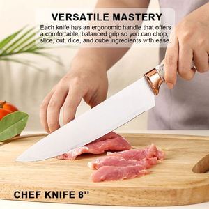 ชุดมีดครัว 9 ชิ้น ลายหินอ่อน ด้ามจับสแตนเลส สำหรับหั่นเนื้อ หั่นขนมปัง ปอกเปลือก และมีดเชฟ พร้อมแท่นอะคริลิคหมุนได้ - Product Image 4