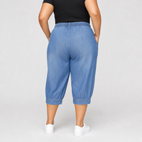 Pantalon Capri en Jean Bleu Grande Taille pour Femme, Taille Élastique, Ourlet Relevé, Coupe Ample, Taille US, OEM ODM