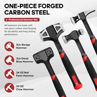 Kit de 4 marteaux robustes en acier au carbone forgé, comprenant un marteau à tête plate, un marteau à tête sphérique, un marteau à griffes et un marteau de batteur, pour la réparation et la construction, outils à main