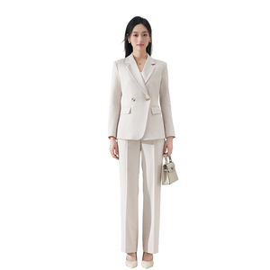 Women's Professional Suit <b>Set</b> Double Breasted Blazer Pants Formal Work Wear <b>Office</b> Uniform Anti-Wrinkle Polyester Fabric - Product Image 5