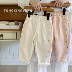 Tongxingyuan Girls Harem Pants Cotton Cartoon Print Autumn Casual Long Pants For Children Pink Off White - Product Image 1