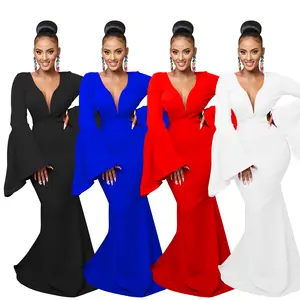 Deep V-Neck Ruched Solid Maxi Dress Body-Shaping Long Sleeve Elegant Evening Party Sexy 2023 Summer Classic Prom Dress