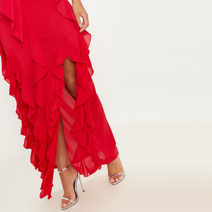 2020 Sexy Red <strong>Cold</strong> <strong>Shoulder</strong> Spaghetti Strap Ruffle Split Party <strong>Maxi</strong> <strong>Dress</strong> Women - Product Image 4