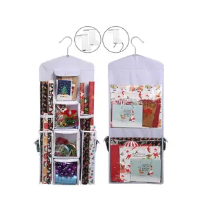 Holiday Wrapping Paper Storage Bag with Metal Hanger Premium Christmas Hanging Gift Wrap Organizer