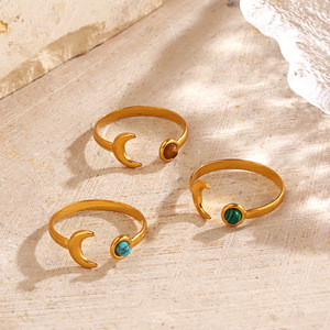 Fashion Popular Natural <strong>Stone</strong> Turquoise Malachite Tiger's Eye Inlaid Stainless Steel <strong>Moon</strong> Adjustable <strong>Ring</strong> - Product Image 4