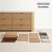Commode Japandi à 6 tiroirs en rotin avec plateau en travertin, meuble de rangement en bois de luxe pour projets hôteliers et villas
