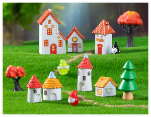 Statuette de jardin pour enfants, thème conte de fées, amour religieux, en résine, style rétro européen, avec cheminée en briques rouges et arbre artificiel - Product Image 3