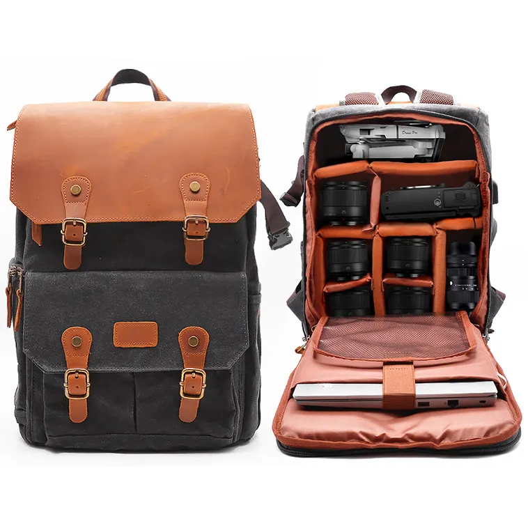 Vintage Canvas Leather Hiking Camera Bag Waterproof Travel DSLR Video Hiking Camera Backpack For Men