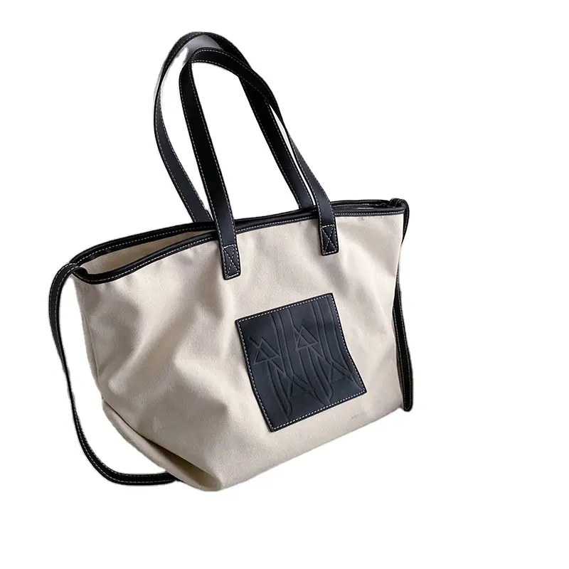 2021 Wholesale Custom Lady White Patchwork Press Button Canvas Tote Bag Women Casual Lady Handbag