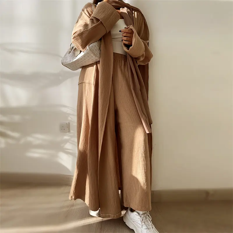 Sang Trọng Tùy Chỉnh Tùy Chỉnh Hồi Giáo Quần Áo khiêm tốn Dubai Abaya Cotton Cardigan Kimono Phụ Nữ Hồi Giáo Ăn Mặc Abaya Quần Ba Pcs Bộ