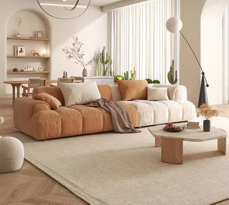 Canapé en tissu blanc crémeux, filet en bois rouge, de styliste, Style wabi-sabi, canapé de salon pour petit appartement