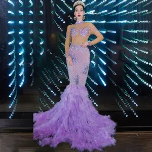 2022 Nieuwkomers Outfits Prachtige Paarse Veer Mermaid Avondjurk Sparkly Diamond Crystal Cocktail Jurk Voor Vrouwen