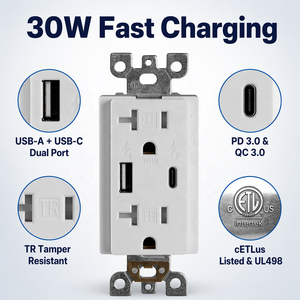 Enchufe de Pared Doble USB BAREP de 30W con Certificación CETLus, 15A 125V con PD3.0 Tipo-C y QC3.0 TR para Uso Residencial y Comercial - Product Image 1
