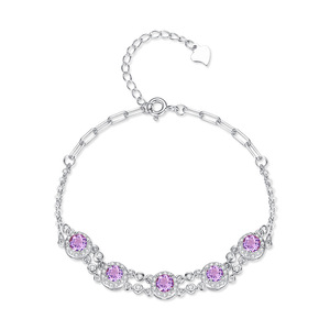 Pulsera de Cadena con Piedras Naturales Redondas de 4mm, Estilo Halo, Plata de Ley 925, Bañada en Oro Blanco, Joyería de Uso Diario para Mujer - Product Image 1