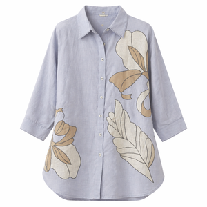 Camicetta Casual Personalizzata da Donna in Misto <span class=keywords><strong>Lino</strong></span> e Cotone, Blu Chiaro Beige con Applicazioni Floreali, Colletto e Orlo Curvo, Stampa Personalizzata - Product Image 2