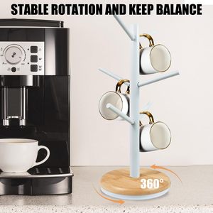 Porte-tasses à café en bois naturel blanc, rotatif à 360 degrés, support à tasses en bois, grande capacité, 6 crochets, station de rangement pour tasses à café - Product Image 2