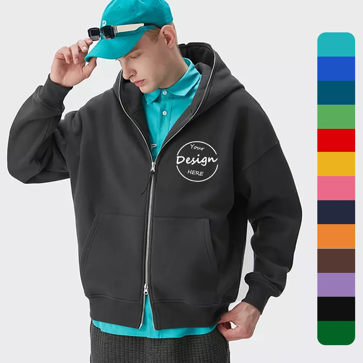 Wholesale OEM Manufacture Oversize Sports Casual Hooded Jacket Fleece Black Custom Zipper Sweatshirts Men's Full Zip Up Hoodie
