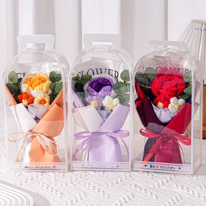 Hand Woven <b>Rose</b> Yarn Flower Bouquet Artificial Flower PVC Gift Box Mothers Day Present - Product Image 1