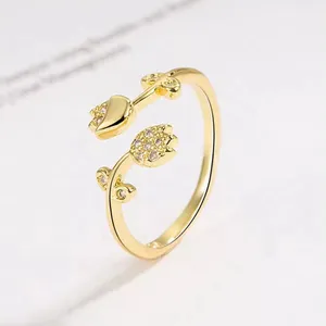 1pc甜美柔和的郁金香形钻石镶嵌戒指，奢华优雅的花朵开放式设计，复古小众风格