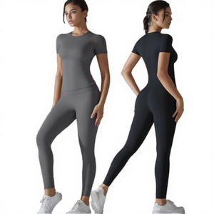 Conjunto de Yoga de 2 Piezas para Mujer, Top de Manga Corta, Leggings de Cintura Alta, Color Sólido, Ropa Deportiva sin Costuras, Traje de Gimnasio y Fitness - Product Image 3