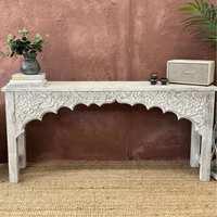 Table console en bois massif blanchi, sculptée à la main, table d'entrée vintage pour le salon