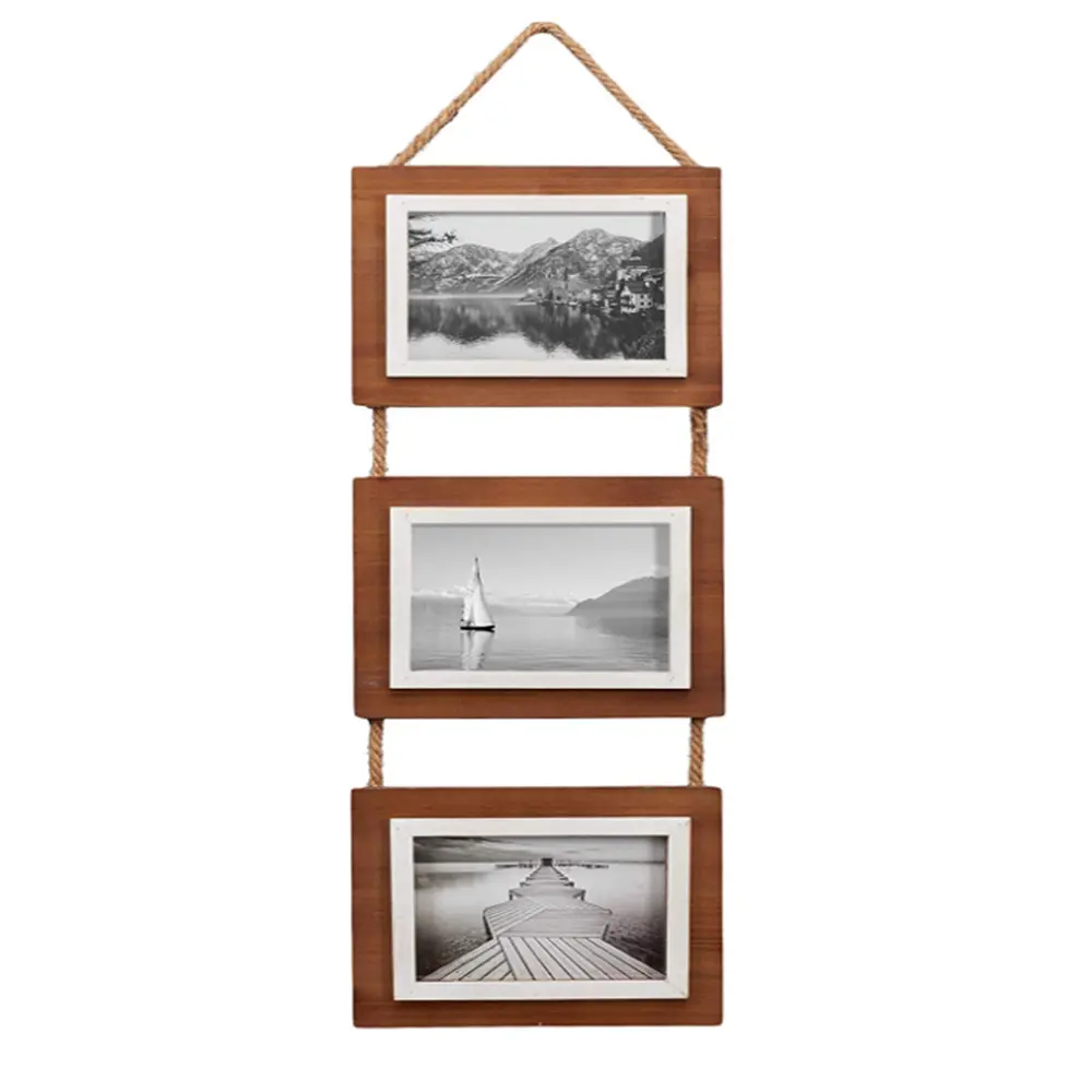 Moldura de madeira para pendurar fotos, quadro rústico vertical de madeira com exibição de moldura em corda de pendurar em madeira natural