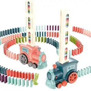 Mainan edukasi kereta Set susun otomatis, mainan kereta Domino elektrik blok bangunan