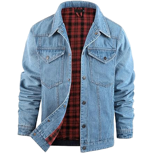 Professional Custom Men's <b>Jacket</b> Plaid <b>Flannel</b> Lined Cotton Jean Coat Casual Button Up Winter Trucker <b>Jacket</b> OEM ODM - Product Image 2
