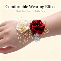 Bunga Pergelangan Tangan Elastis Berhiaskan Mutiara, Daun Emas, dan Rhinestone Warna Burgundy Ivory Rose Gold untuk Pengiring Pengantin, Pengantin Wanita, Dekorasi Pernikahan, dan Pesta Prom