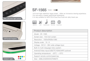 Mô hình mới 15.6 inch lật xuống màn hình điện xe buýt mái Màn hình điều khiển từ xa màn hình cảm ứng MP5 xe hệ thống giải trí - Product Image 6