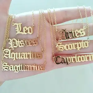 Colgante de acero inoxidable chapado en oro de 18K, Horóscopo impermeable con letras inglesas antiguas, placa con nombre, joyería con 12 signos del zodiaco