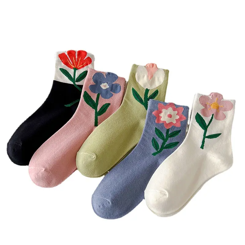 Kaus kaki motif bunga lucu perempuan Fashion kru puzzy katun Combed stoking desain gaya 3D kustom grosir
