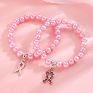 Braccialetti di <span class=keywords><strong>perle</strong></span> fatte a mano da donna con ciondoli a nastro <span class=keywords><strong>rosa</strong></span> braccialetti per la consapevolezza del cancro al seno - Product Image 3
