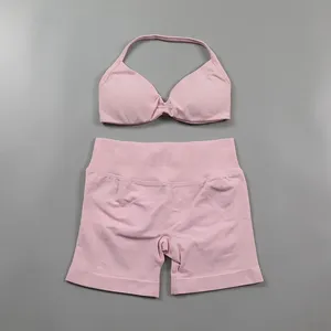 Conjunto de Yoga sin Costuras con Detalle Fruncido para Mujer, Ropa Deportiva, Shorts de Gimnasio, Sujetador Deportivo con Tirantes, Conjunto de 2 Piezas, Ropa de Entrenamiento Halter, Traje de Fitness - Product Image 5