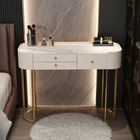 Nouvelle Table de Maquillage Moderne avec Miroir sur Pied, Plateau en Verre Trempé et Pieds Dorés, Table de Coiffure pour Chambre à Coucher avec Tiroir de Rangement