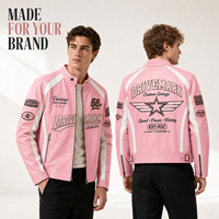 Blouson en cuir de course personnalisé pour homme, rose, style pilote, avec rayures blanches et drapeau à carreaux, patch chenille, fabrication OEM, marque privée